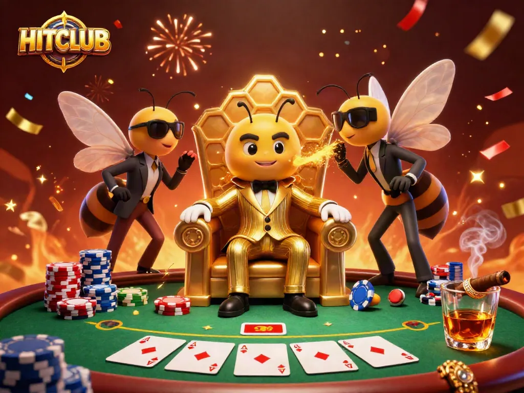 Play poker at HITCLUB with a cartoon mob boss surrounded by wasp bodyguards and gaming excitement.