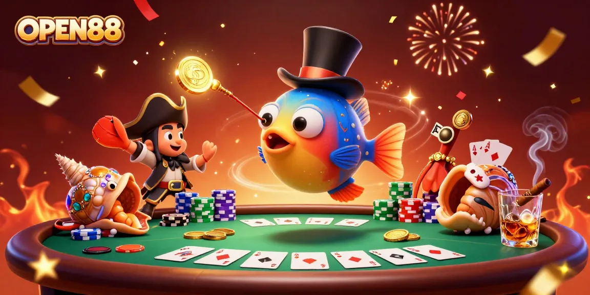 Experience the excitement of OPEN88 with vibrant characters and casino elements in a dynamic scene.