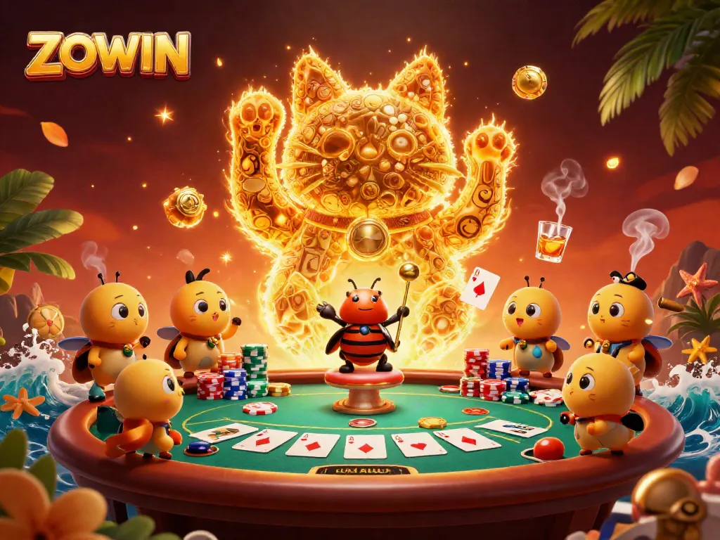 Win big at ZOWIN with a lucky cat and dynamic casino elements in a vibrant 3D illustration.