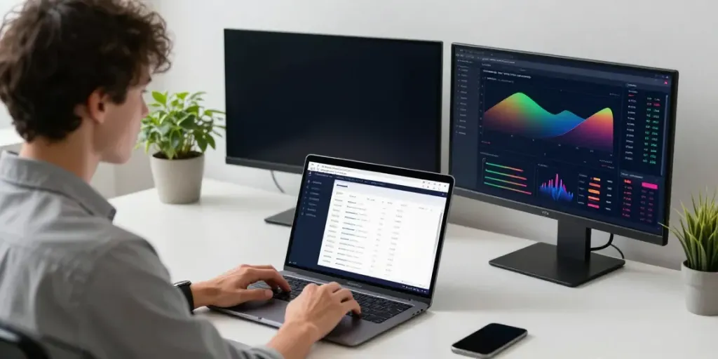 Engaged user trading with the Quantum AI platform at a modern workspace
