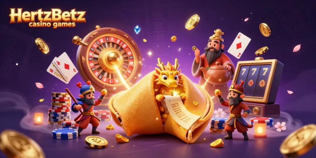 Experience thrilling HertzBetz casino games with vibrant 3D illustrations showcasing fortune cookies, dragons, and gaming elements.