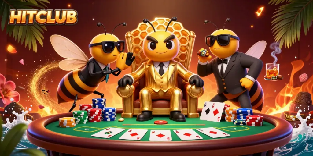 Engage in thrilling poker action at HITCLUB with a vibrant casino scene featuring elite characters.