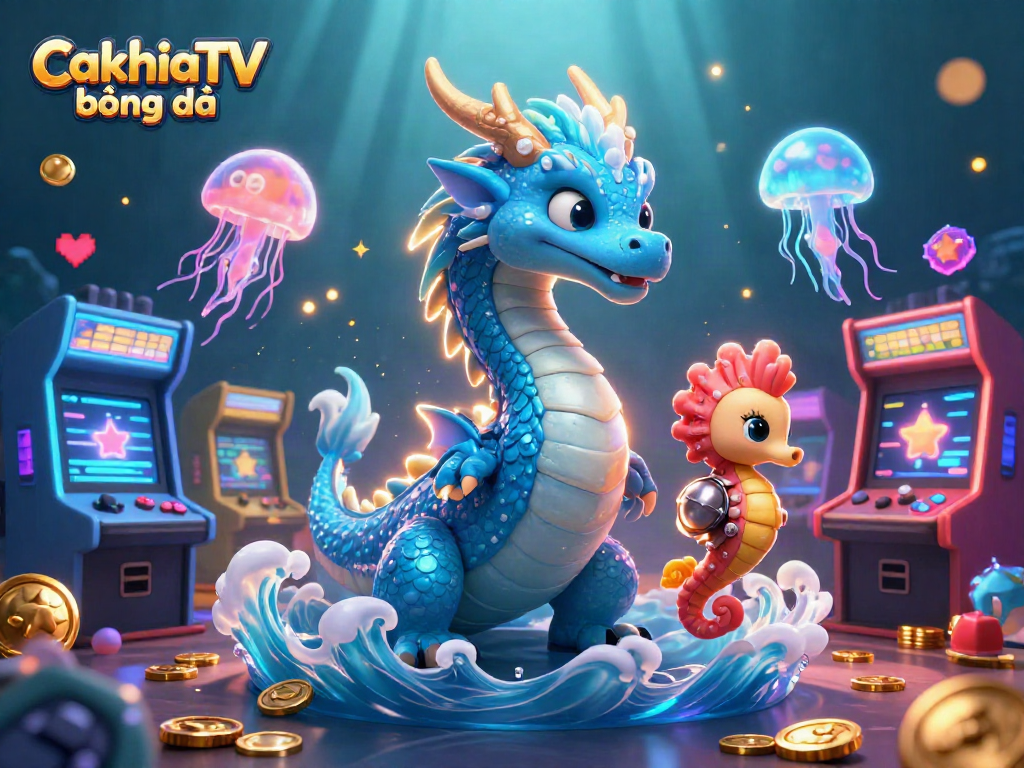 CakhiaTV bóng đá showcases an exciting underwater gaming illustration with a dragon and knight.