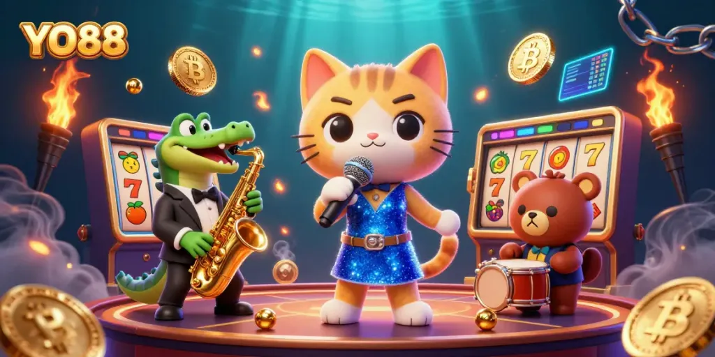 Engage in thrilling casino fun with YO88 in a vibrant 3D illustration featuring slot reels and lively cartoon animals.