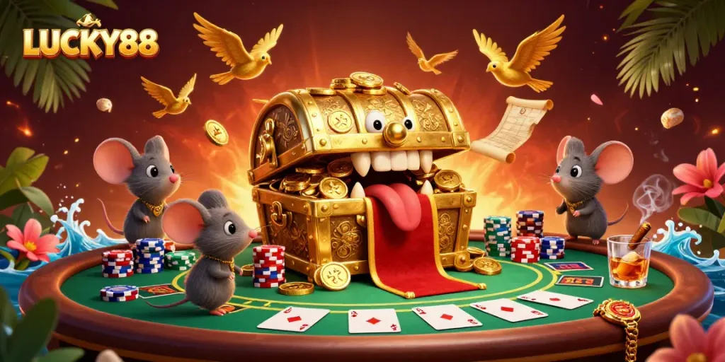 Experience the thrill of winning at LUCKY88 with vibrant poker scenes and rich 3D illustration detail.