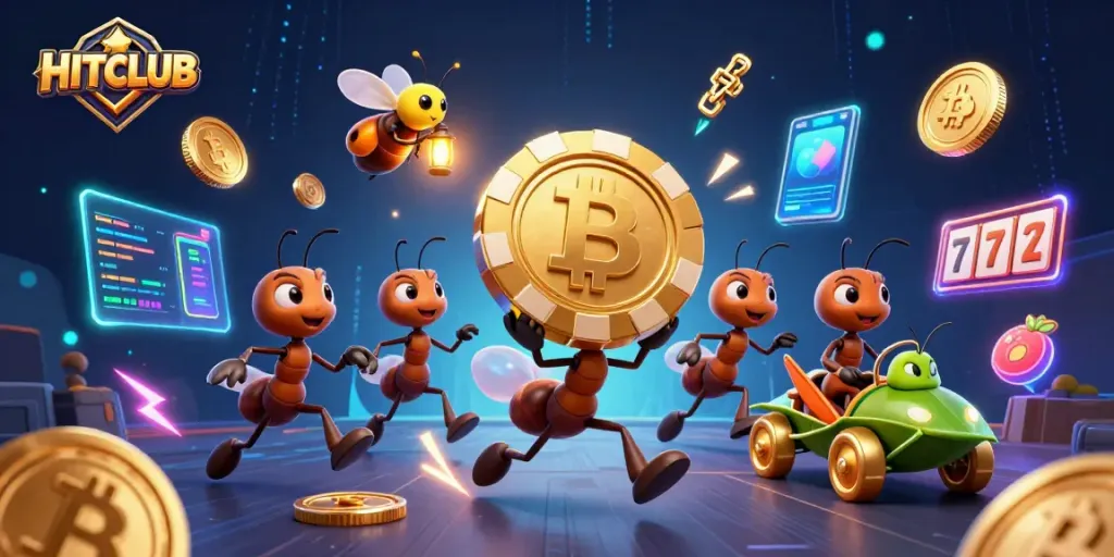Engage in thrilling action with HITCLUB as cartoon ants carry a giant poker chip in an energetic casino scene.