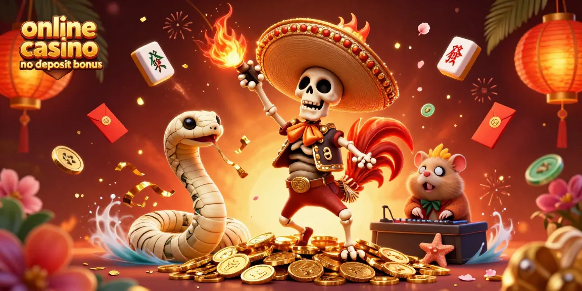 Join the festive scene with online casino no deposit bonus characters dancing on coins amidst vibrant gaming elements.
