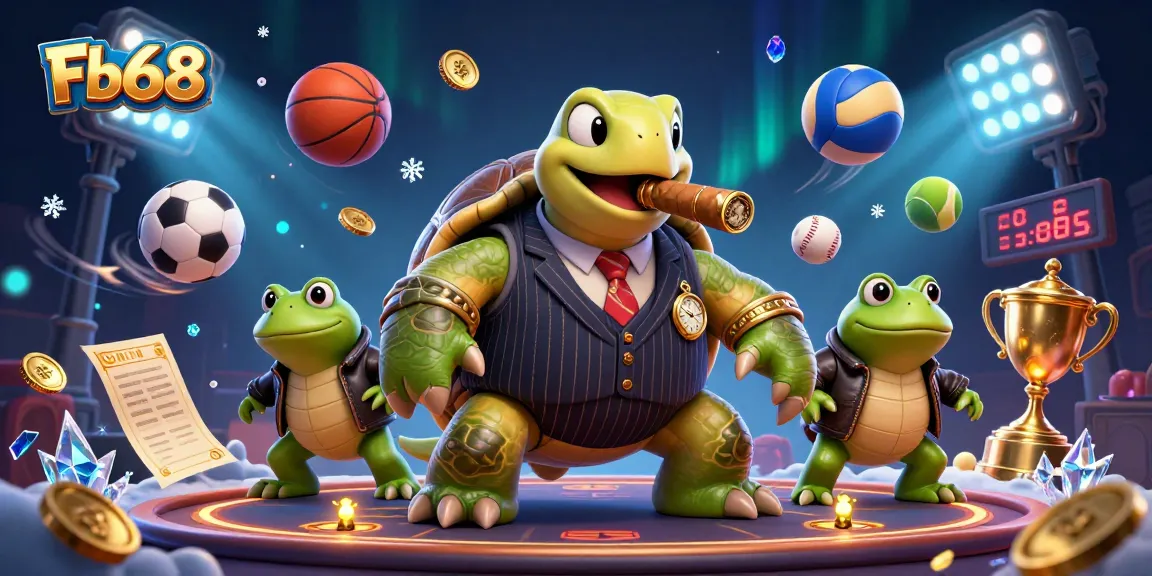 Fb68 showcases a vibrant casino scene featuring a snapping turtle and bullfrogs amid dynamic sports elements.