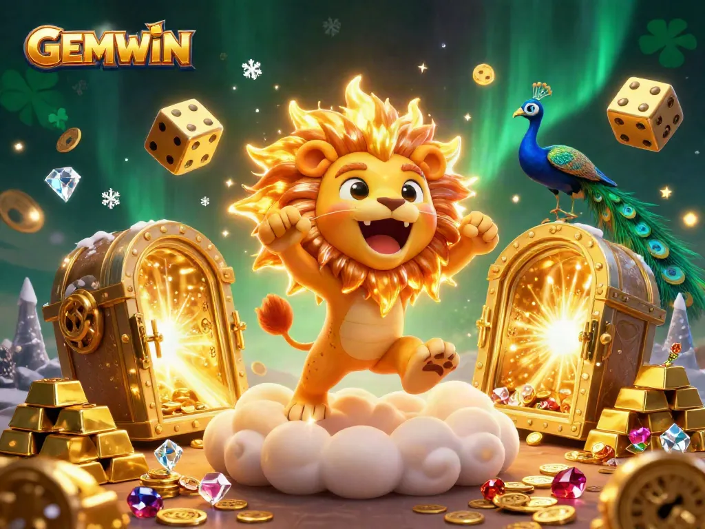 Experience GEMWIN's exciting casino world as a sun lion roars amidst golden treasures and dynamic game elements.