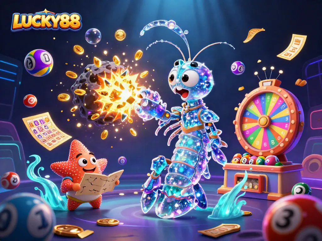Experience LUCKY88's thrilling excitement through a vibrant 3D scene depicting action and winnings.