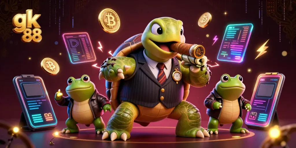 Engage with gk 88's dynamic casino scene filled with crypto coins and vibrant energy.
