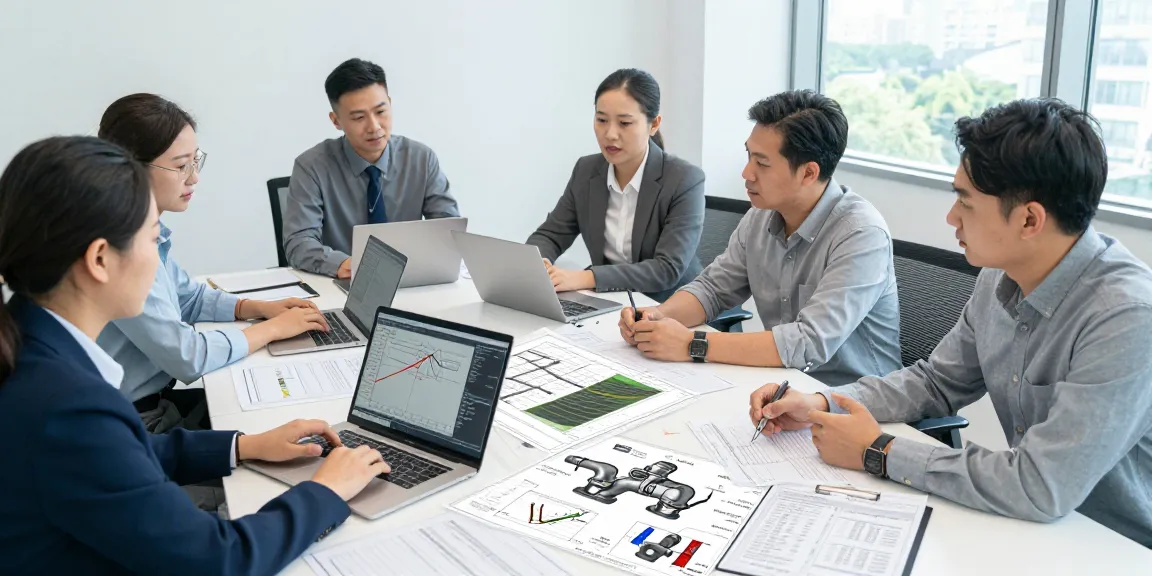 Piping Stress Analysis Canada team collaborating in a professional engineering office with technical diagrams and software.