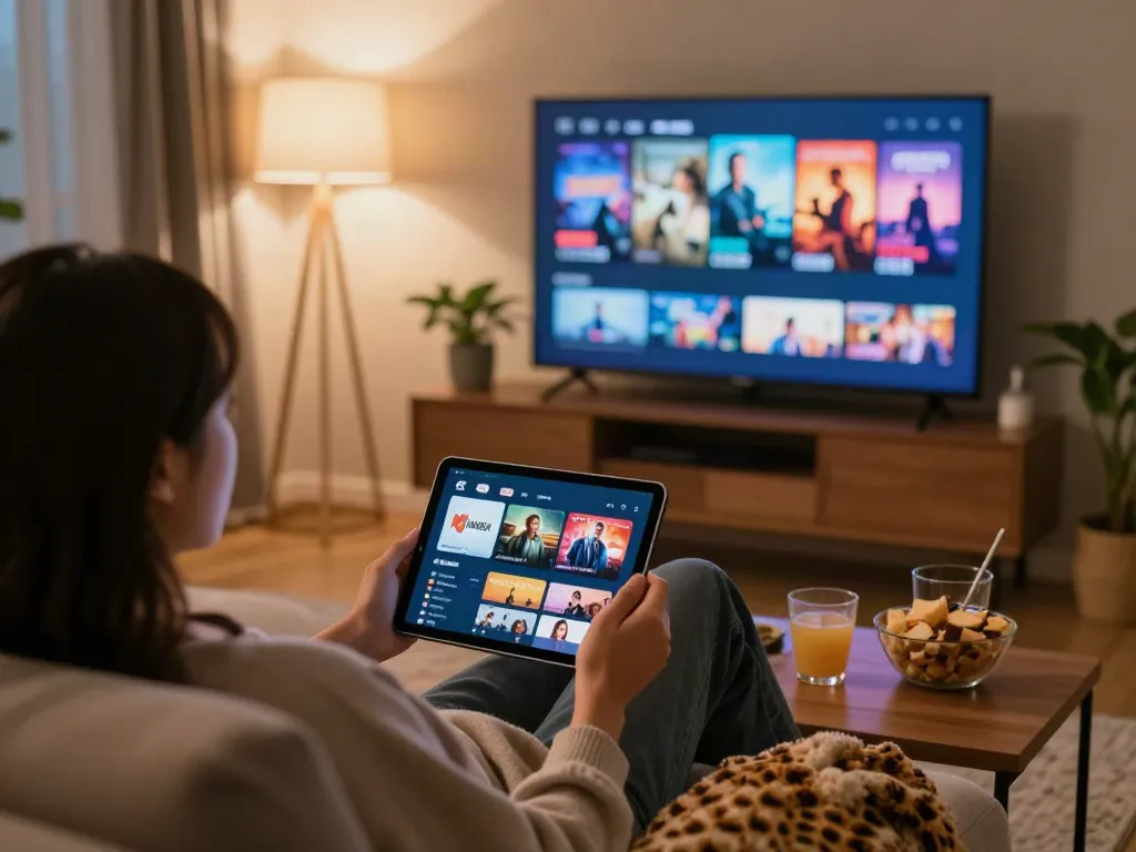 Enjoying the moviesbox app in a cozy living room.