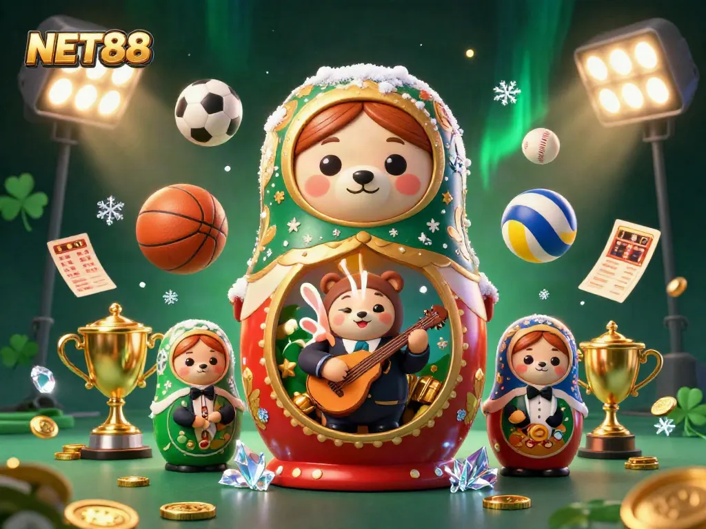Bet on NET88 while enjoying thrilling moments with cartoon bears and sports elements.