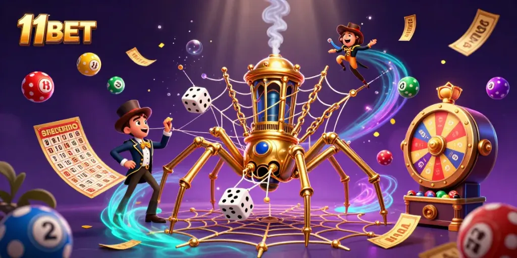 Engage with 11BET's vibrant casino world, featuring steampunk characters and dynamic gambling elements.