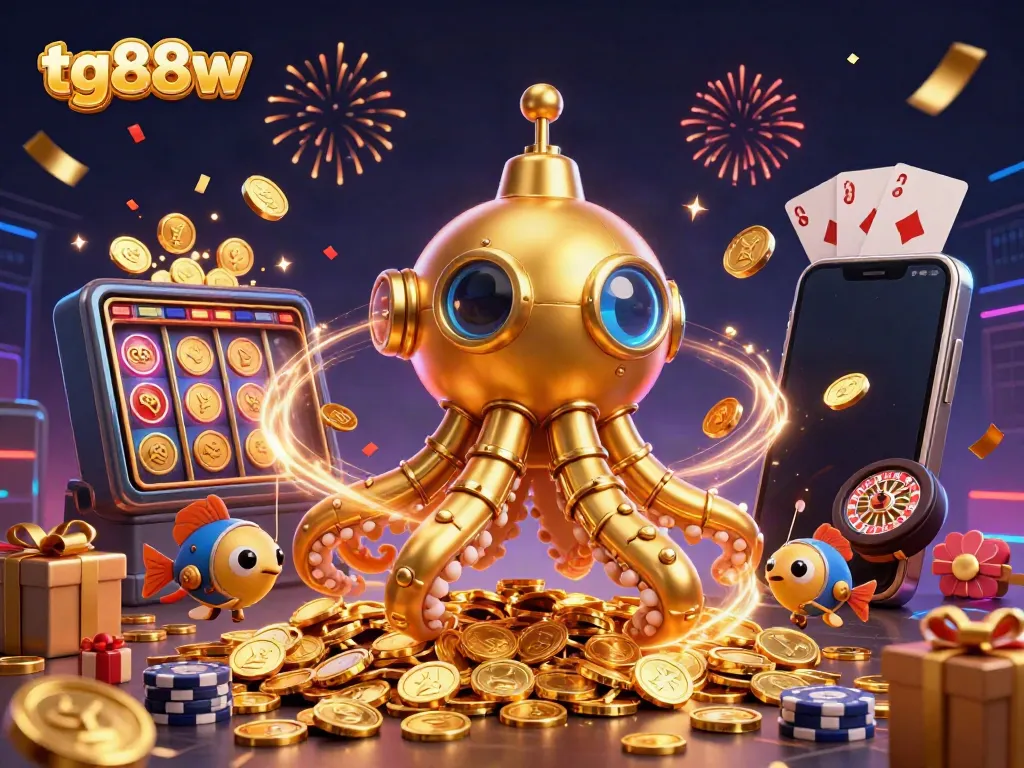Engage with tg88w's exciting underwater gambling world featuring a golden kraken and golden coins!