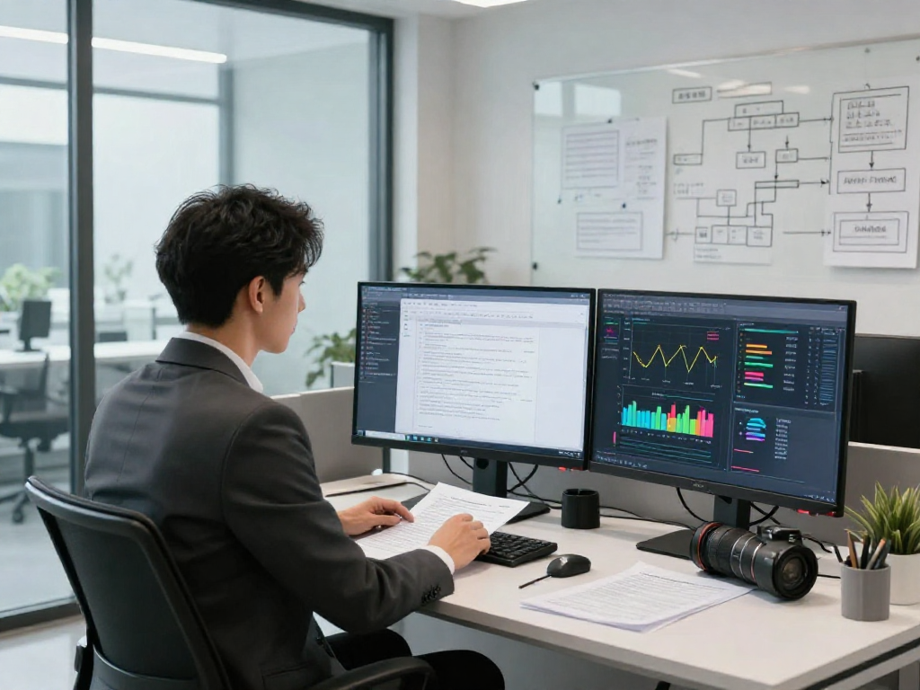 Document fraud detection analysis in a sleek office with AI analytics and data metrics.