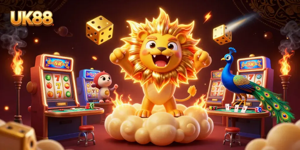 Experience thrilling casino gameplay with UK88's vibrant 3D illustration of a joyful lion and exciting gaming elements.