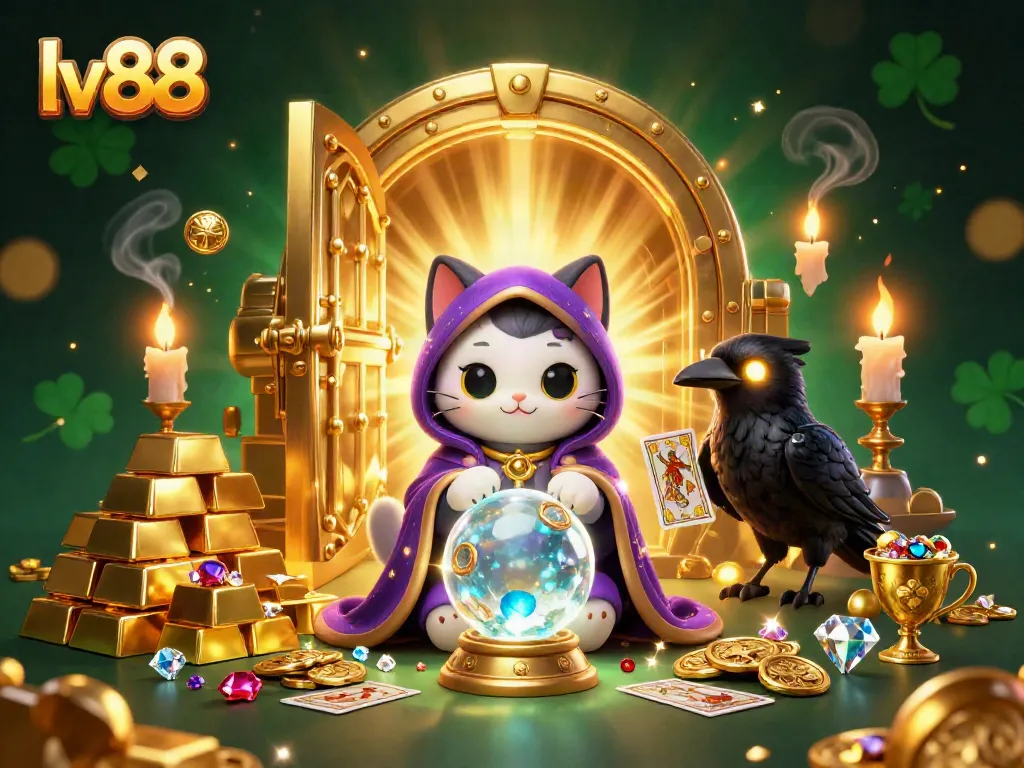 Join the thrill of gaming at lv88 with a mystic cat and a tarot raven illuminating golden treasures.