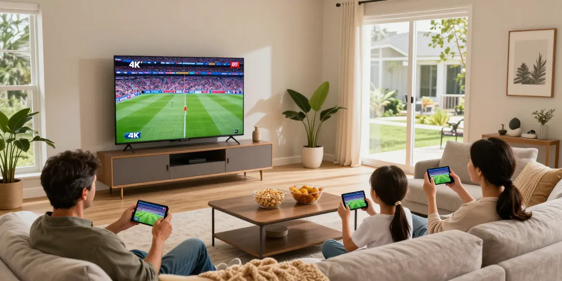 Family enjoying IPTV entertainment in a cozy living room with 4K sports on TV.