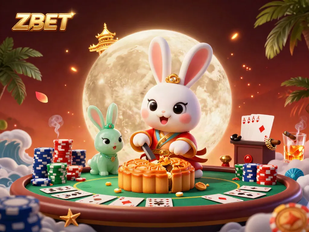 ZBET showcases a moon rabbit character celebrating a big poker win with vibrant gambling elements surrounding.