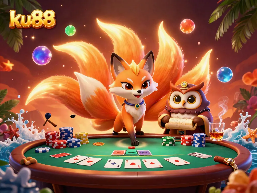 Experience thrilling gameplay at ku88 with vibrant spirits, poker tables, and colorful orbs illuminating the scene.