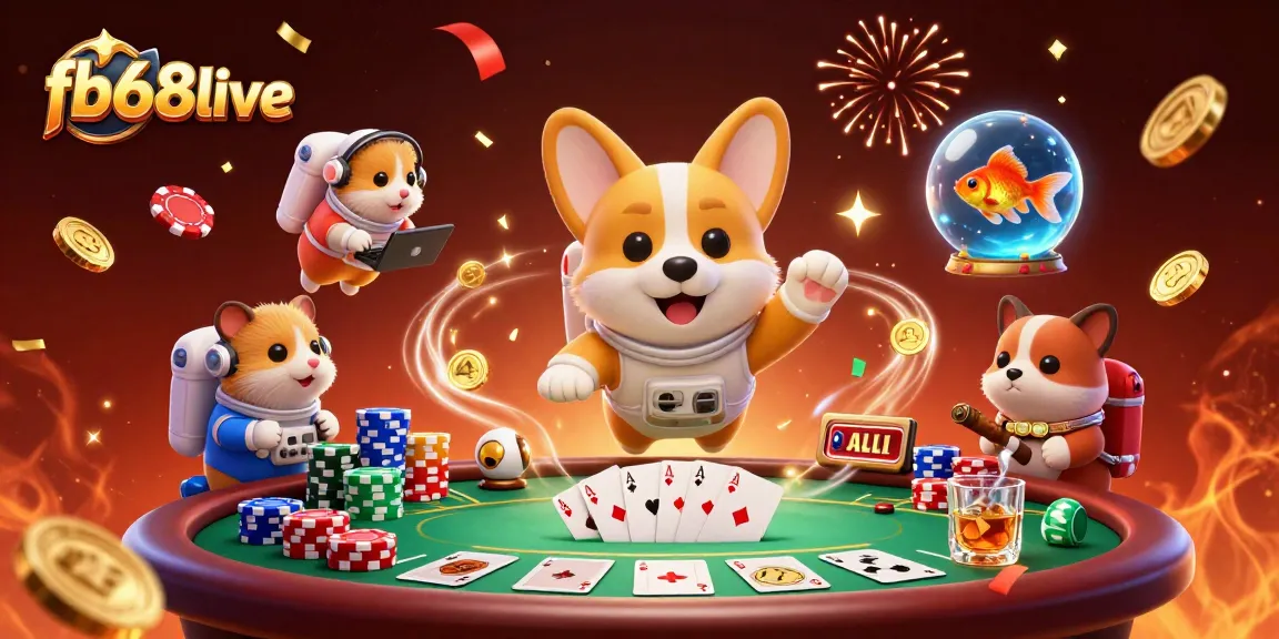 Experience a thrilling scene with fb68live's astronaut corgi and friends in a dynamic casino adventure.