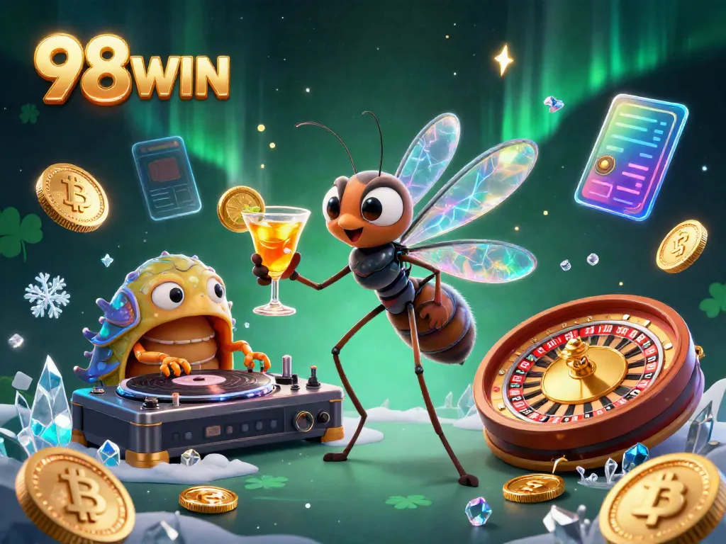 Experience thrilling games and rewards at 98WIN with a vibrant casino scene showcasing unique characters and crypto elements.
