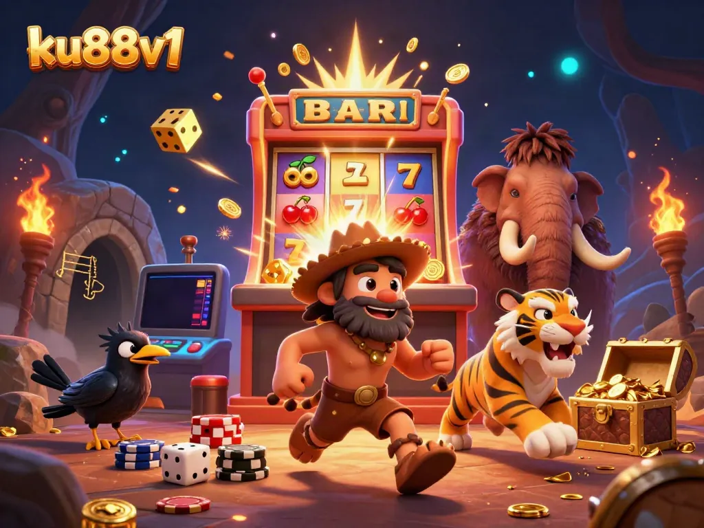 Experience excitement at ku88v1 with a dynamic prehistoric casino featuring animated characters, vibrant jackpots, and casino elements.