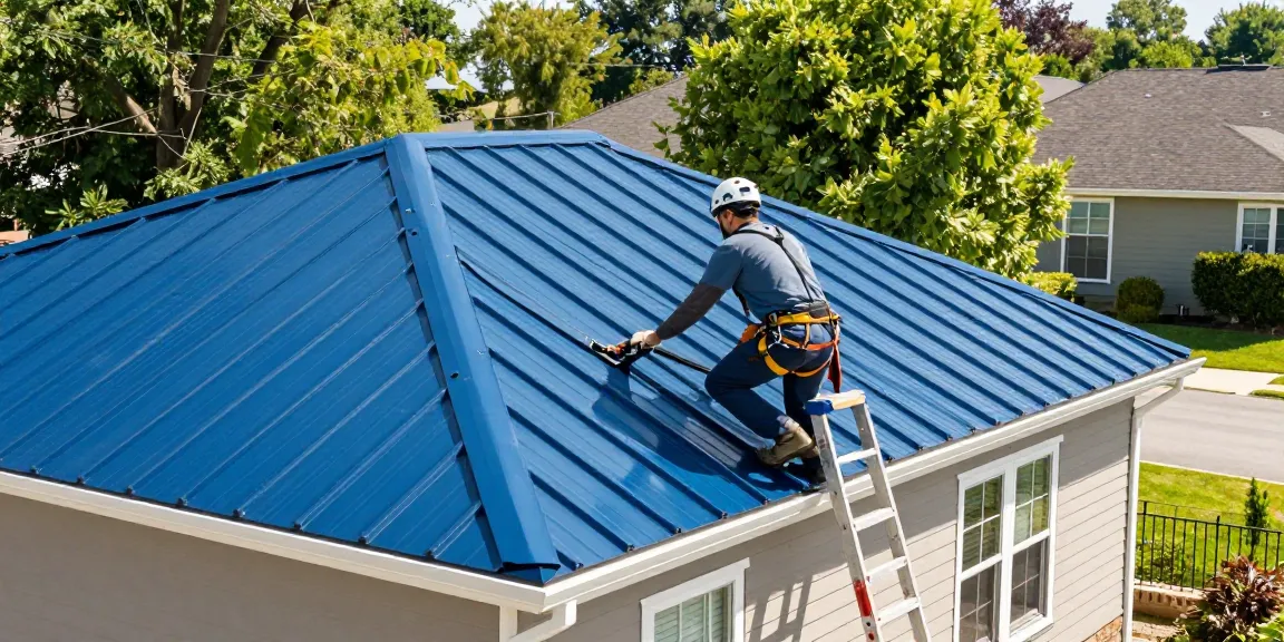 MRoof installer expertly working on a stylish metal roof in a sunny suburban setting