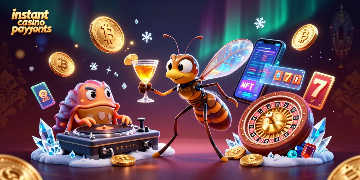 Experience instant casino payouts with a lively scene of a frozen mosquito mascot and trilobite DJ.